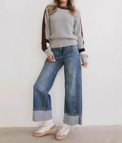 Women's Casual Straight Leg Mid Rise Boyfriends Jeans Fashion Cuffed Baggy Denim Pants4