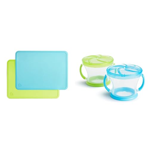 Image of Munchkin® Spotless™ Silicone Placemats for Kids, 2 Pack, Blue/Green & ® Snack Catcher® Toddler Snack Cups, 2 Pack, Blue/Green