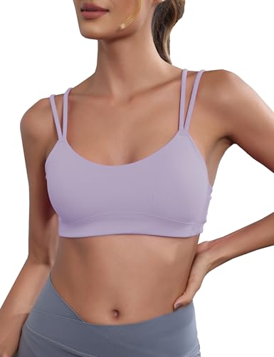 Image of Yoga Sports Workout Bras for Women Seamless Molded Cup Spaghetti Double Strap Bra Wirefree Scoop Neck Tank Top Bras