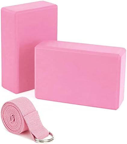 High Density EVA Yoga Foam Blocks (2 Pack) Plus Strap with Metal D-Ring -Size 9″ x 6″ x 3″