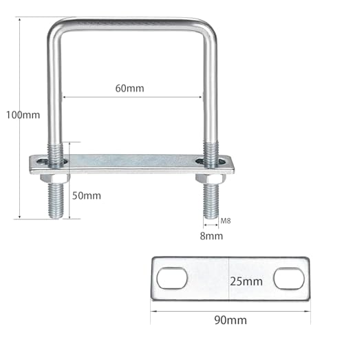 U Bügel mit Gewinde M8, 4 Stück Bügelschraube, Edelstahl U Bolzen, U Bügel mit Muttern & Rahmenplatte, U Schrauben für Installation Ist Stabil, Zurrbügel (60 X 100 mm)