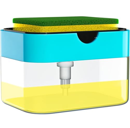 Image of 2-in-1 Soap Dispenser with Sponge Holder, Turquoise and Yellow, Kitchen Sink Organizer