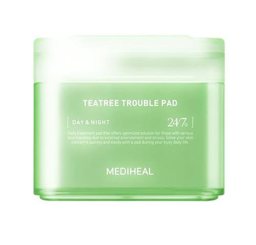 MEDIHEAL Teatree Trouble Lot de 100 tampons toniques pour le visage avec arbre à thé et lactobacilles – Tampons en coton apaisants pour peaux sensibles et sujettes à l'acné – Gaze végétalienne pour le