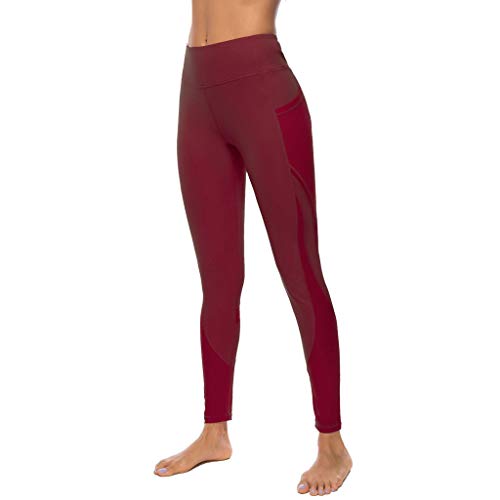 KUKICAT Fashion Ladies Pure Color Gauze Pocket Elastic Fitness Running Yoga Pants Wine Red