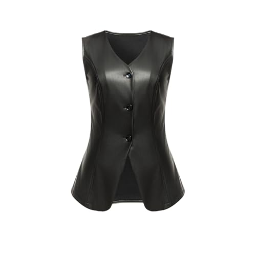 CXMNJ Womens Button Front Sleeveless Vest Long Sexy V Neck Faux Leather Vest Blazer