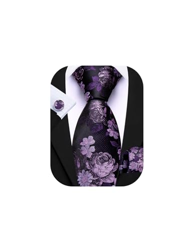 Image of Barry.Wang Flower Ties for Men Silk Woven Floral Tie Sets Necktie Handkerchief Cufflinks Wedding Party
