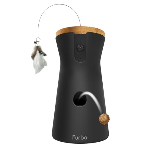 Furbo Caméra pour Chat 360° - [CAMÉRA Basique]: Caméra rotative avec Application, Vision Nocturne, Suivi Auto, Lancer de friandises, Alerte miaulement et Jouet à Plumes