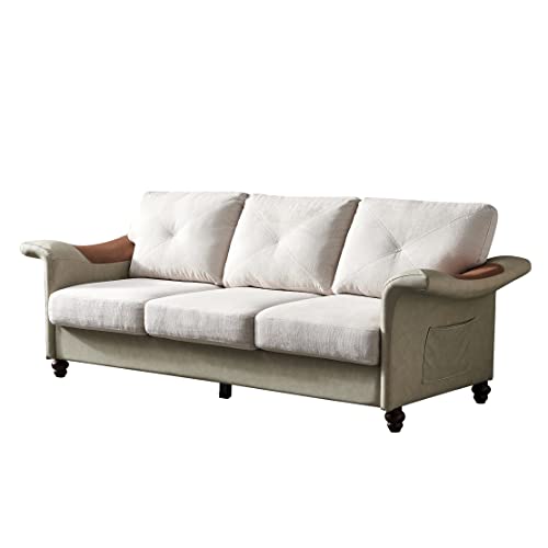 Lepfun Sectional Sofa Couch, Futon Sofa Sleeper Sofa Bed Mid-Century Modern Linen Fabric Faux Leather Sectional Couch For Living Room With 6 Wood Legs And 2 Removable Storage Boxes, Beige #TOP2