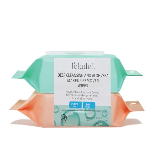 FELADEL - 240pcs Makeup Remover Wipes Set - 120pc Aloe Vera Face Makeup Wipe +120pc Deep Cleaning Makeup Remover Wipe | Easily Removes all difficult makeupes. Ultra-Soft Face wipes