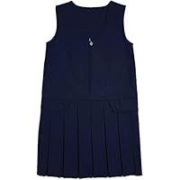 Girls Pinafore Round Neck Box Pleated Dress Kids Front Heart Zip Sleeveless School Uniform Navy