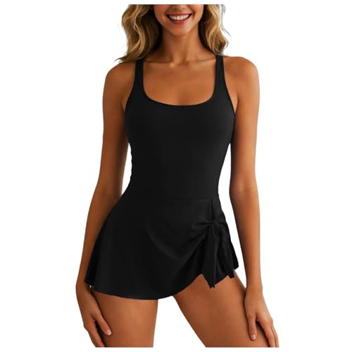 Traje de baño para mujer de 1 piezas con faldón vintage vaina de vientre plano push up trajes de baño adelgazantes de cintura alta cuello en V acanalada control acolchado traje de una pieza vestido