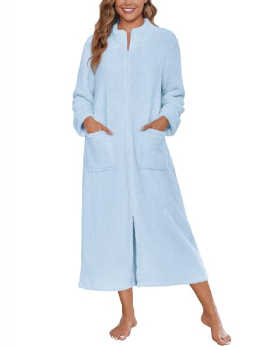 Image of Ekouaer Women Zip Up Robe Fleece Long Sleeves Soft Housecoat with Pockets