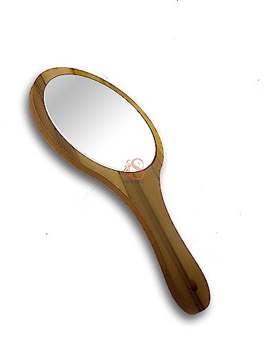 Image of Round Shape Makeup Large One Sided Wooden Hand Mirror with Wood Handle Mirror for Women n Men
