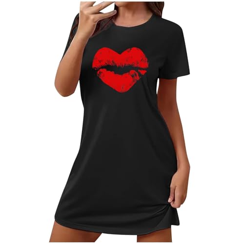 Hnodov Fashion Pjs Plus Size Nightgowns for Women Cute Printed Sleepwear Round Neck Short Sleeve Night Gown Dresses Sleep Shirts, Black,XX-Large