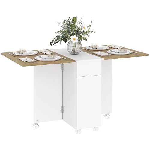 HOMCOM Table à Manger Pliante sur roulettes, Table de Cuisine pour 6 Personnes avec 2 abattants, 2 tiroirs et 2 placards, pour Petits espaces, 140 x 76 x 74...
