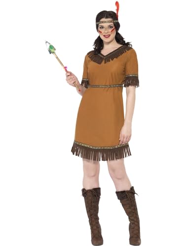 Smiffys Costume jeune fille inspiré amérindien marron, robe avec ceinture et bandeau Halloween