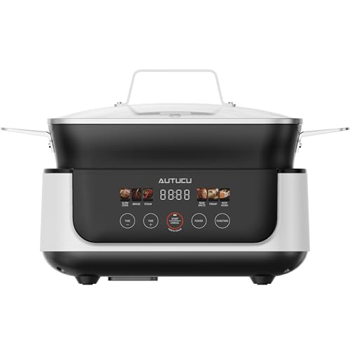 Image of Slow Cooker 7-Quart Programmable Multi-Cooker PFOA-Free Ceramic Coating, Warm, Sear saute, Steamer Function for Family Gatherings (Includes Silicone Spoon) White