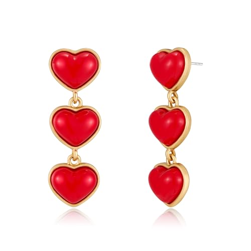 WOWORAMA Pendientes de corazón rojo para mujer, esmalte rojo, aretes colgantes de corazón para el día de San Valentín, aretes colgantes de corazón, aretes de regalo, Latón, Sin piedra preciosa