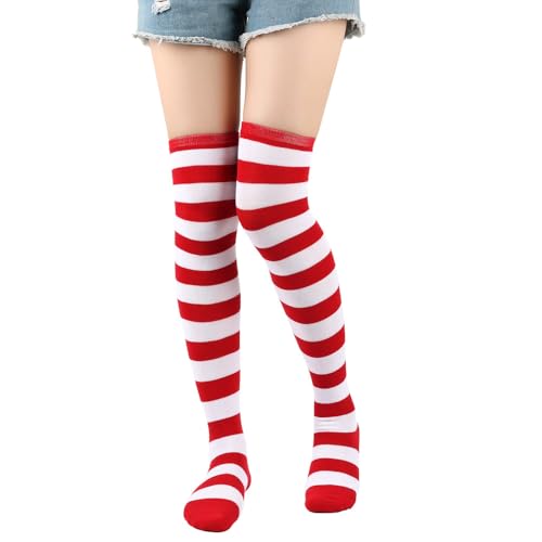OVOY Thigh High Striped Socks for Women - Red & White Striped Stockings | Stretchy Soft Cosplay Socks for Daily Wear Cosplay