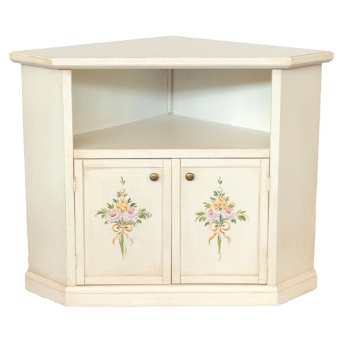 Vicentini arreda MOBILE PORTA TV IN LEGNO AD ANGOLO SHABBY CHIC BIANCO ANTICATO DECORATO CON FIORI