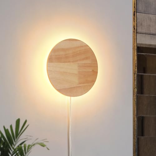 Image of Modern Minimalist Plug in Wall Sconces, Plug-in Or Cordless 7.9'' Round Wood Backlight LED Wall Lamp, 12W, 1300LM Warm White Brightness Wall Light Fixtures for Bedroom, Living Room Wall Decor
