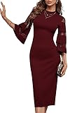 SheIn Damen Figurbetontes Kleid 3/4 Arm Mesh Midikleid Bodycon Partykleid Stehkragen Volant Ärmel Knielang Kleider mit Schlitz Burgundy XL