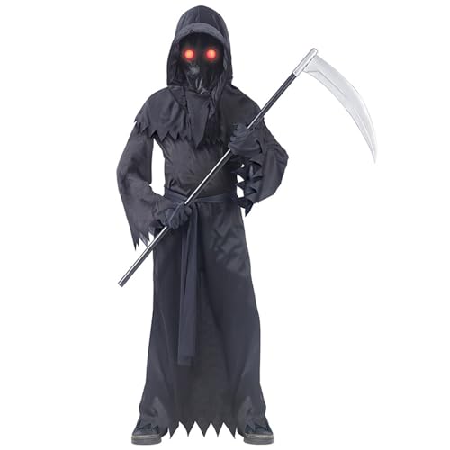 Faxianther Kids Black Grim Reaper Costume Kit Girls Boys Spooky Death Robe Gown Headcover Black Gloves Sickle Set Cosplay Halloween Costume Clothes Outfit Dress Up Prop for 8-12 Yrs