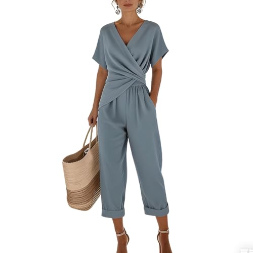 Ensemble 2 pièces femme manches courtes pantalon large et haut ample col V à poches