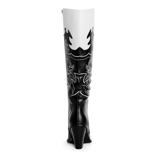 Image of ANN CREEK Cowgirl Boots Side Zipper Womens Cowboy Boots Knee High Embroidery Woman Western Tall Pointed Toe Chunky Heel Two Tones