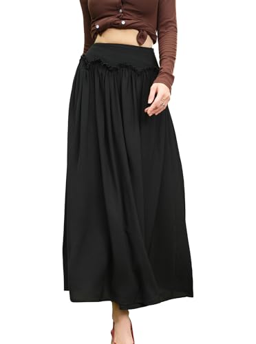 Casual Boho A-Line Ruffle Trim Pleated Maxi Skirt High Waisted Flowy Swing Long Skirts for Women Trendy