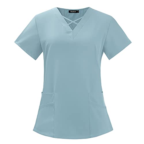 niaahinn Scrubs Top with Exquisite V-Neck & Multifunctional Pocket Medical Uniform for Nursing & Doctor (Light Blue,Small,Small)