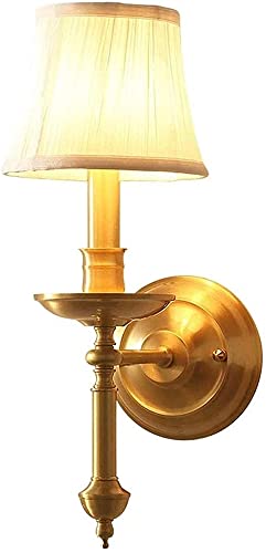 OOMRNV Lámpara De Latón Pulido Antiguo con Pantalla De Algodón Blanco, Aplique De Interior para Dormitorio, Mesita De Noche, Sala De Estar, Iluminación De Lectura,