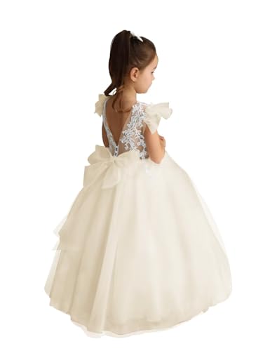 Lace Applique Flower Girl Dress for Wedding Sparkle Tulle Bow Knot Ball Gowns Crew Neck Pageant Ceremony Long Dress