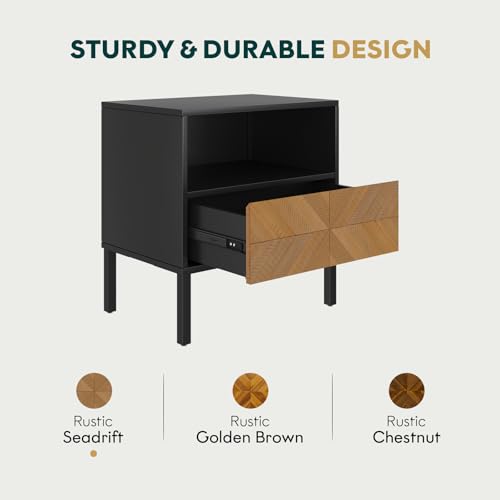 Image of Bme Vivian Solid Wood Nightstand, End Table, Bedside Table with Herringbone Pattern for Rustic Bedroom, Easy Assembly, Rustic Seadrift and Black