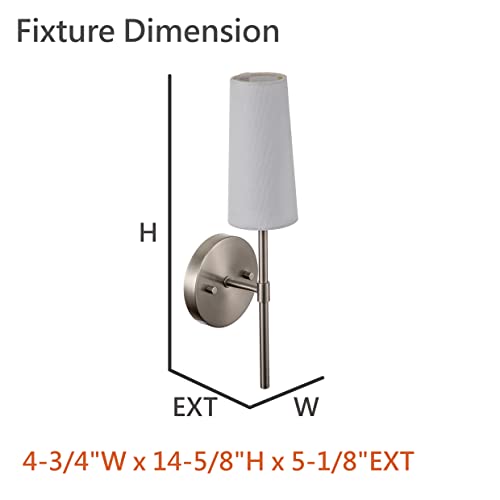 Image of Aspen Creative 62719-09-1, 1 Light Indoor Wall Fixture, 4-3 /4 inch W x 14-5 /8 inch H x 5-1 /8 inch E, Satin Nickel Finish w /White Fabric Shade, Bulb Not Included
