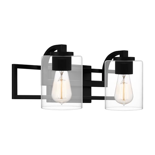 Image of Quoizel Lansdowne Modern Bath Vanity Lights,18.25 Inch 2-Light Matte Black Lighting Fixtures Over Mirror, Clear Glass Shade, 100W, Decorative Wall Light for Bathroom, Dresser, Kitchen or Hallway