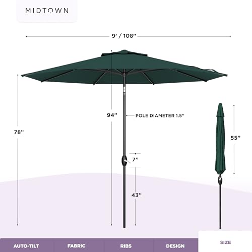 Image of Midtown Umbrellas - 10-Year-No-Fade 9 Ft Patio Umbrella with Terylast Fabric, Auto-Tilt Aluminum Frame and 8 Reinforced Ribs for Deck, Pool, Garden & Beach - Forest Green Canopy, Black Pole