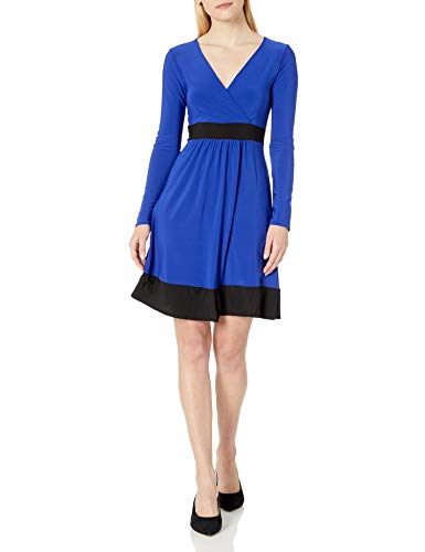 Star Vixen Women's Plus Size Long Sleeve Ity Knit Surplice Bodice Solid Short Skater Dress with Black Inset Waistband