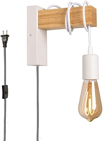 SUNLLOK Modern Plug in Cord Wood Wall Lamp Rustic Lift Pipe - Rustic Pendant Light Adjustable Hanging Wall Mount Lights - Industrial Wall Sconces Fixture Decor for Indoor Living Room Bedroom (White)