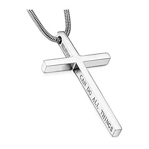 Philippians 4:13 Cross Pendant Necklace for Men Women Stainless Steel Necklace Snake Chain (22inch, silver tone) Cover
