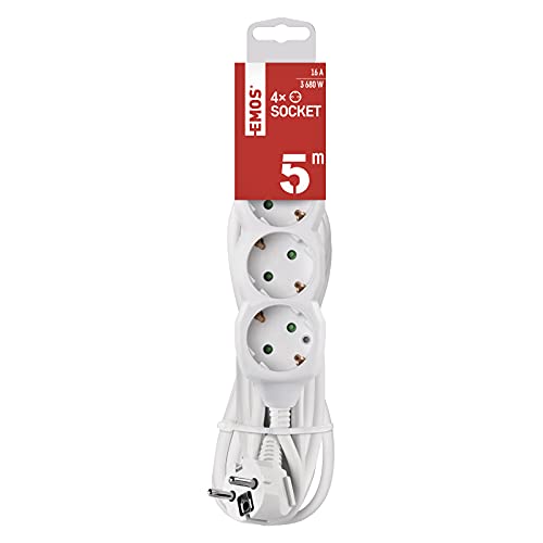 EMOS - 4-fach Steckdosenleiste 5m - 4 Schuko-Steckdosen 45&deg; gedreht - 250 V, 16 A, 3680 W - hochwertige PVC-Isolierung - H05VV-F3G 1,5 mm2 - erh&ouml;hter Ber&uuml;hrungsschutz - IP20 f&uuml;r Innen - wei&szlig;