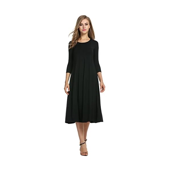 HOTOUCH Women's 3/4 Sleeve Casual Loose Solid Midi T-Shirt Dress (Black XL)