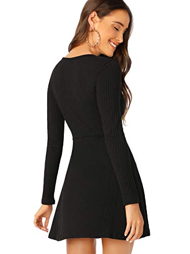 Verdusa Women's Elegant Deep V Neck Long Sleeve Ribbed Short Skater Dress Black Xl #TOP1