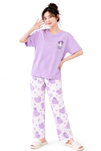 Image of Women's Pure Cotton Nightwear Set - Cute Printed Lavender Half Sleeve T-Shirt and Pajama Set for Girls, Comfortable Loungewear & Sleepwear