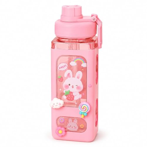Image of Aider Water Bottle With Straw & Sticker,Kawaii Bear Water Bottle,Large Sport Plastic Portable Square Drinking Bottle For Girl,Cute Juice Tea Water Cups 700ml (pack of-1)