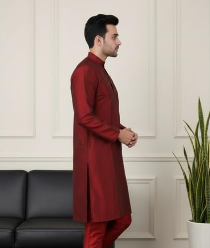 Image of Sadree Men's Silk Blend, Knee Length, Full Sleeve, Mandrin Collor, Solid Style, Attractive Colour, Solid Plain Kurtas