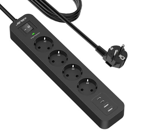 JSVER Regleta USB Proteccion Sobretension con 4 Toma de Corriente y 4 USB...