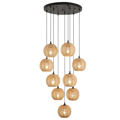 Image of Round 9 Light Boho Pendant Light Rattan Hanging Lamp | Hand Woven Wicker Small Chandelier Hanging Lights Fixture for Bedroom Kitchen Hallway Foyer