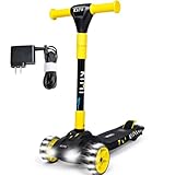 Kimi 3 Wheel Electric Scooter Charger Incl for Kids and Toddlers Ages 3-6, TSA Approved Front&Wheels Light, Boys and Girls, Safe Kick Lightup, Folding, 5Mph (Yellow)