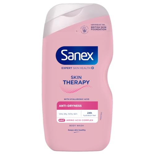 Sanex Skin Therapy Anti-Dryness Shower Cream 450 ml Dry Skin Body Wash Relieves Dryness and Reduce Itchiness Amino Acid Complex With Hyaluronic Acid Supports Skins Barrier 0% Sulphates